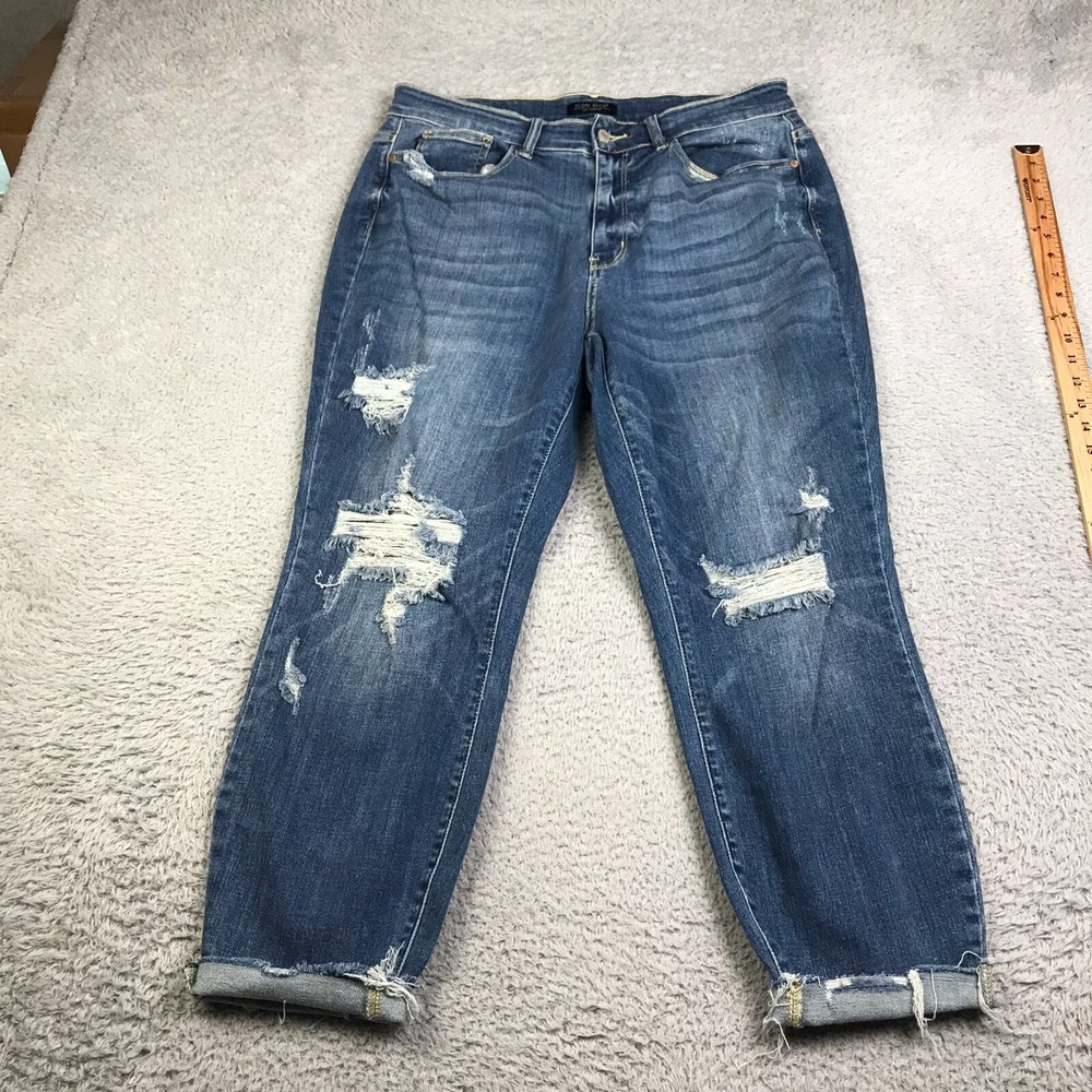 Judy Blue Jeans Womens 14W (34x25)Destroyed Relaxed Fit High Rise Cuffed Stretch